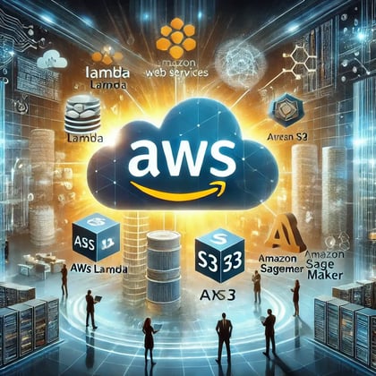 DALL·E 2025-03-15 22.50.48 - A visually striking digital illustration showcasing Amazon Web Services (AWS) products with the AWS logo prominently displayed. The image features clo